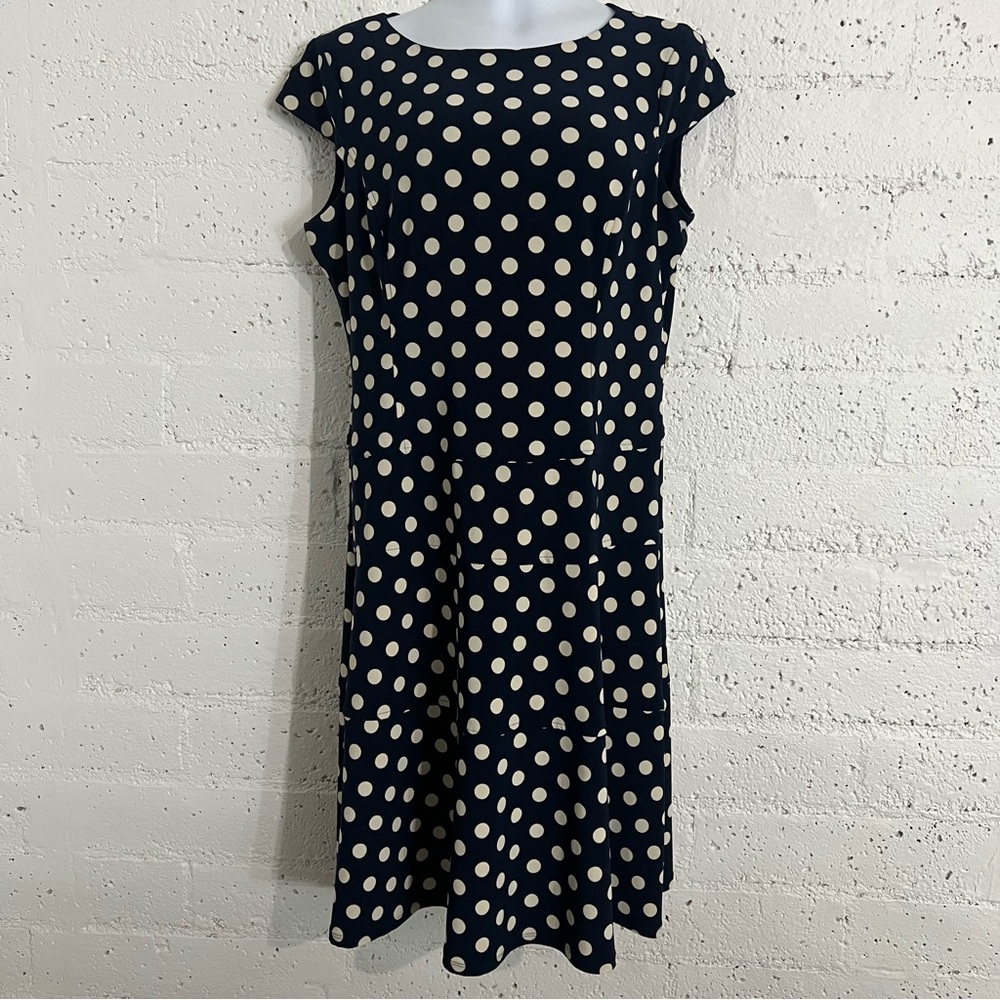 Anne Klein Womens Dress 14 Blue Polka Dot Cap Sleeve Stretch Zipper Back J19